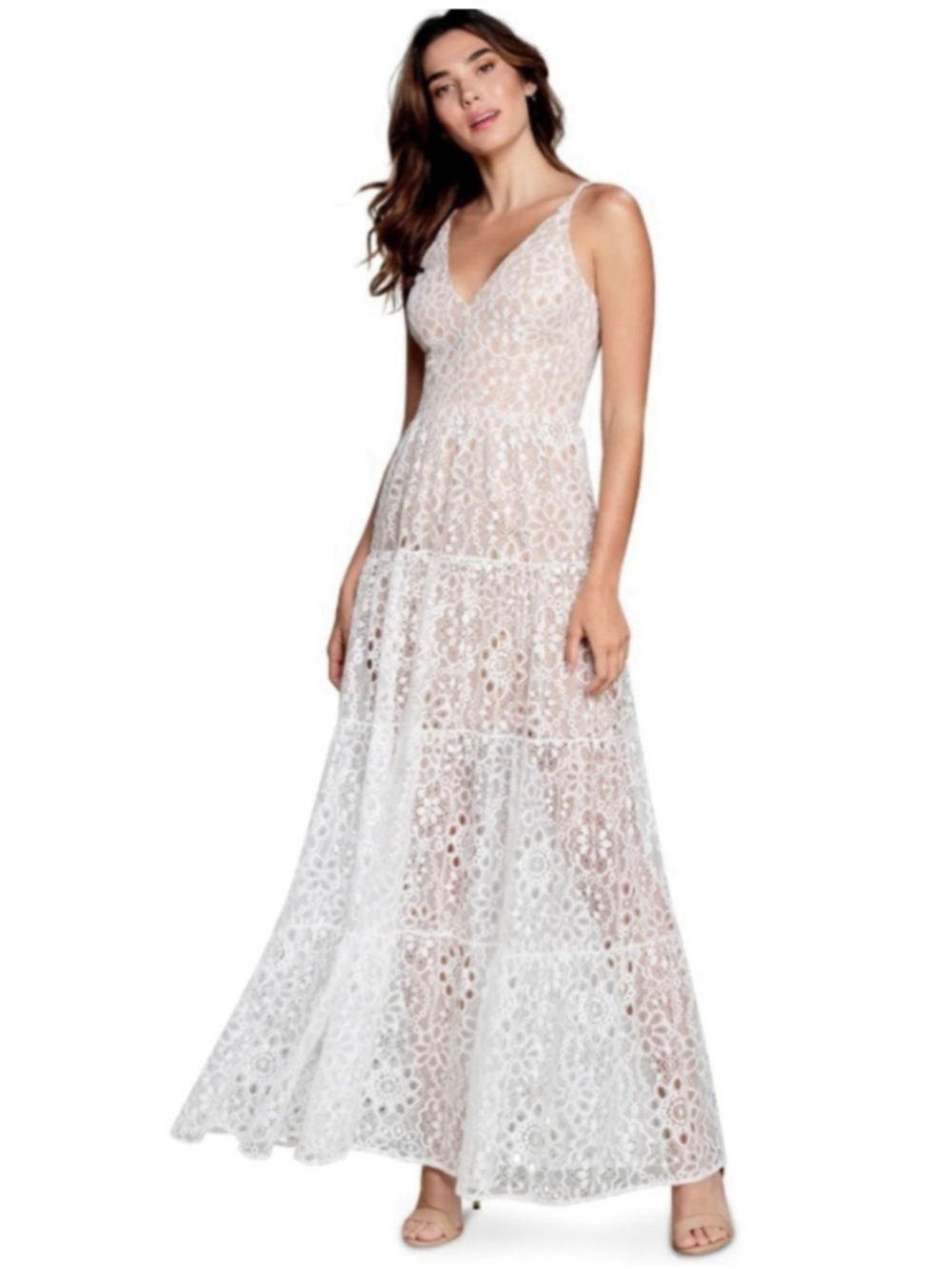 Dress the Population Melina Lace Formal Maxi Dress L Ivory Nude Illusion Party